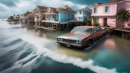 Climate emergency, coastal town flooded, sea level rise, danger, disaster, realistic award-winning photograph, detailed, credible, warning, catastrophe, vehicles submerged, buildings flooded, resort devastated, color photograph