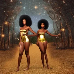 Biologically Female African American Twins, black skin, tall and slender, long afro kinky hair,big brown eyes, long eyelashes warrior wear. Big butts. Gold accents on clothing. Surround by trees. Holding golden spears. Starry night