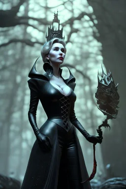 Constance Langdon as evil queen in black leather, leather, busty, cleavage, angry, stern look. character design by cory loftis, fenghua zhong, ryohei hase, ismail inceoglu and ruan jia. unreal engine 5, artistic lighting, highly detailed, photorealistic, fantasy