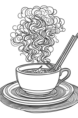 Outline art for coloring page, A SHORT LIT CIGARETTE WITH WHISPS OF SMOKE LYING HORIZONTALLY ON A SAUCER NEXT TO A JAPANESE CHAWAN TEACUP, coloring page, white background, Sketch style, only use outline, clean line art, white background, no shadows, no shading, no color, clear