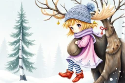 an enchanting 3d illustration Watercolor, Alcohol Ink, Of little girl with short wind blown hair, knit hat with many strands of hair coming through her hat, tiny tinsel and beads through hair, silk lavender and pink dress, striped stockings, boots, stick tree with hanging ornaments from branches, scene is the girl hugging a moose with a red collar around his neck, snowflakes falling from the sky misty evergreen and birch tree background, Wintery Scape