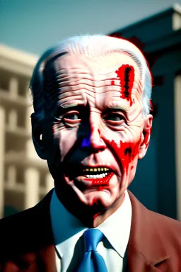 Ultra realistic image, joe biden zombie, zombie performance, blood, torn arm, night, walking twisted, waist up view, dark ambient, highly detailed, sky background, concept art, unreal engine 5, god rays, ray tracing, RTX, lumen lighting, ultra detail, volumetric lighting, 3d, finely drawn, high definition, high resolution.