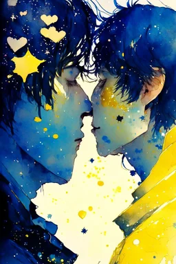 portrait anime man kissing man, ,yellow, stars hearts water, blue, watercolor, Yoshikata Amano, Edwin Landseer, Ismail Inceoglu, Russ Mills, Victo Ngai, Bella Kotak, hyperdetailed 8K resolution HDR DSLR, ultra detailed, ultra quality, CGSociety, intricately detailed, color depth, gliter, kiss