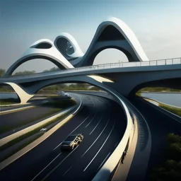 Puente para personas atraviesa una autopista de lado a lado, por debajo pasan autos, estilo Zaha Hadid