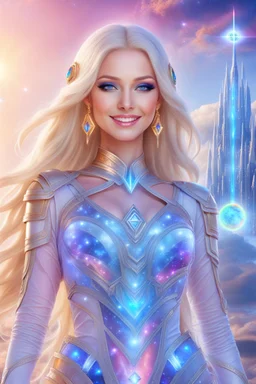 cosmic woman smile,beautiufos rainbow, admiral from the future, galactic confédération, fine whole face, crystalline skin, expressive blue eyes,rainbow, smiling lips, very nice smile, costume pleiadian, Beautiful tall woman pleiadian Galactic commander, ship, perfect datailed golden galactic suit, high rank, long blond hair, hand whit five perfect detailed finger, amazing big blue eyes, smilling mouth, high drfinition lips, cosmic happiness, bright colors, blue, pink, gold, jewels, realist,