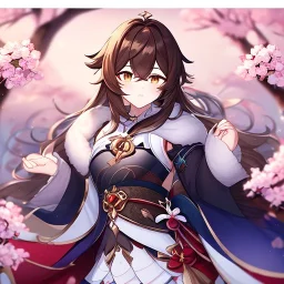 Clear focus,8k,Beatiful Lighting,Beatiful Blur,Beatiful Shading,Brown long hair,fluffy hair, long fluffy bangs, Brown eyes, wearing a top half of a kimono but under is a short skirt, Genshin Impact, cherry blossom falling, detailed clothes, circles near the end of her sleeves, skirt gets darker,bandage near arm