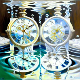 two white sikns, in one of them water is turning clockworks and in the other clockwise, art, oil drawing, bright,