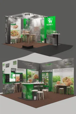 Corner green exhibition stand of a food company with product displays and a meeting area