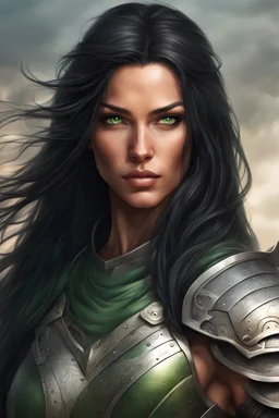 portrait of a athletic woman warrior, long black hair, green eyes, tan skin, fantasy armor, realistic art style