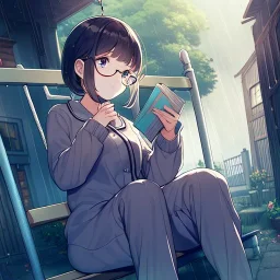 anime girl sitting on a porch swing of an old house, journaling, wearing pajamas, writing in a book, shes watching it rain, more detail on hands and her face,shes deep in her thoughts, wearing glasses, rain drops, she has a pencil in her hand and is writning in the book, she is looking down at what she is writing