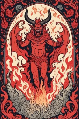 joyful smiling full body medieval Lucifer devil frolics through the flames surrounded by children who are singing and worshipping him. he is a red horned demon with flaming eyes and in the middle of raging flames. surrounded by a william morris hand-drawn floral border, risograph print portrait, vector illustration, vector design, riso print, simple shapes, risoprint effect, risographic style, risography style, risography, risomorphism, risocore, ris prints, risolite effect, risograph print