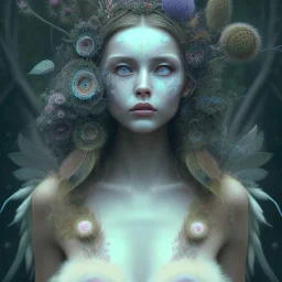 Portrait of beautiful girl, face dept of field, plant, metal, feathers, Dryad, fae, sidhe, ominous, nature, plants, wildflower, facepaint, dnd character portrait, intricate, oil on canvas, masterpiece, expert, insanely detailed, 4k resolution, retroanime style, cute big circular reflective eyes, cinematic smooth, intricate detail , soft smooth lighting, soft pastel colors, painted Renaissance style,sharp fucus, bokeh,macro lens, 1500mm lens