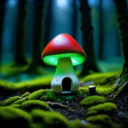 "Close up of a wonderful tiny Mushroom Tower home. green and red with bright white, deep black and contrasting tones of gray. Illuminated bioluminescent forest. Professional painter, master at composition. small but detailed. broken, blurred background, voluminous lighting"