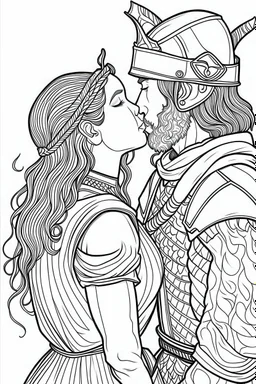 Fantasy coloring page, minimal detail. HD. Woman kissing a male knight with a beard