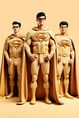 three men in different Balenciaga Superman's emblem clothing, beige tones, fashion plates, deconstructed tailoring, rendered in cinema4d –q 2 –ar 3:5