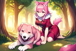 Forest, girl, pink hair, dog tail, sit on all fours, fur on foot and hand, paw