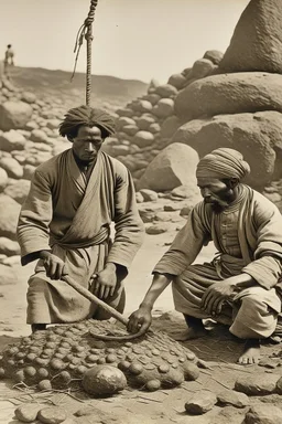 An Ethiopian slave is tortured by his rich master on hot sand and his body is placed on top of a large rock