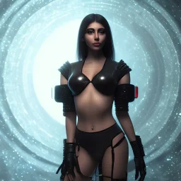 full body shot Close-up of a beautiful Arab girl, dark black hair, dark black eyes, high makeup, Artstation, Light Painting, Super-Resolution Microscopy 8K Phosphor Display, Glossy, Ray Tracing Reflections, RGB Displacement, Glowing Edges, RTX