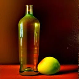 still life bottle half fruit