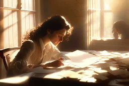 A pretty brown-haired woman sits in front of a table covered with handwritten letters, looking at them perplexedly, in an elegant room in the sunlight.