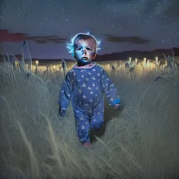 toddler wearing pyjamas in a field at night