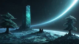 few tiberium monolith deposits on the planet with a space trees on the left and right side, matrix codes and the back ground of the angels with wings siting monolith made of tiberium crystals