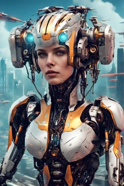 Generate an image of a futuristic android drone aerial view with a standing android features, wearing a metallic a breathtaking 8k digital painting , female with robotic enhancements with Andreas Achenbach art style in grafitti art style