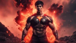 Hyper Realistic Extremely Handsome Young Muscular Fire-Super-Hero with short-black-hair standing with Lava-splashes meteors with red cloudy sky & smoke around, dramatic & cinematic ambiance