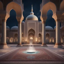 Hyper realistic Outside historical Mosque with detailed glass work on pillars with beautiful carpet & water fountain at night