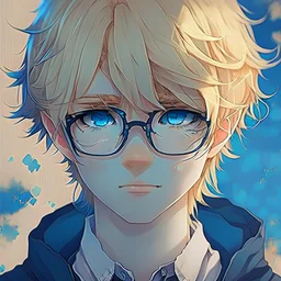 A boy with round glasses and blond hair who is in love and has blue eyes. The character is supposed to be thoughtful. He is supposed to have black clothes. Anime style.