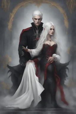 Vampire queen with white hair, with her king who has long black hair