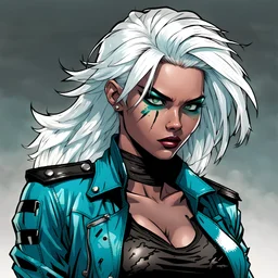 young alluring tough battle-scarred white-haired mixed-ethnicity female comic character, turquoise leather jacket and black Kevlar shirt, white hair, dark eyeshadow, comic book art, comic style