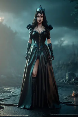 lisa ann as evil queen in black leather gown, cleavage, angry, stern look, unreal 5, octane render,cinema4d, dynamic lighting, dramatic lighting, 4k, redshift render, highly detailed, hyper realistic