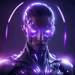 personaje futurista transformandose en humano con luces violetas