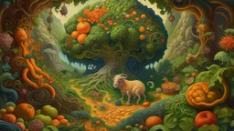 The scene is set in a psychedelic surrealism style, featuring a Vegetable Lamb of Tartary at the center of the image. The creature appears to be a fusion of plant and animal, with vines and ivy growing out of its body. The lamb is surrounded by a tartary, a whimsical landscape filled with oversized vegetables and exotic plants. The tart is covered in a flaky crust, with colorful vegetables bursting out from within. The entire scene is overgrown with twisting vines and ivy, creating a sense of wi