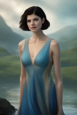 3D Bubbles, 3D Hearts, fog, clouds, somber, ghostly mountain peaks, a flowing river of electric water, fireflies, a close-up, facial portrait of a totally gorgeous Alexandra Daddario with short, buzz-cut, pixie-cut Black hair tapered on the sides, wide open, cobalt blue eyes, smiling a big bright happy smile, wearing a hoodie over a red bikini, in the art style of Boris Vallejo