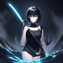 Clear focus,High resolution, black short fluffy hair, long fluffy bangs, and dark blue eyes, Depressed girl, wearing a black short shirt with a black sleeveless crop top, dark aura, controlling water, in a black room, holding a katana