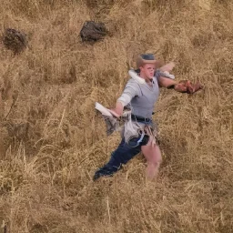 A male cowboy in a primo ballerino dress dances in the prairie. Cows gawk.