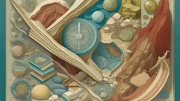modernist style, Detailed geology textbook cover illustration featuring various rock and mineral samples, fossils, and scientific tools arranged in an educational and visually appealing layout, art nouveau, soft colors