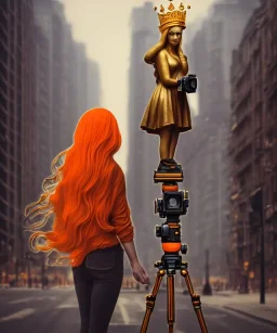 Statue of Queen of photography holding camera in hands. Cute blonde woman. Photographer in golden crown. Standing on the street. Big camera in her hand. hyperdetailed, photorealistic, trending on artstation, greg rutkowski, beksinski, kodachrome, volumetric lighting, gold and orange