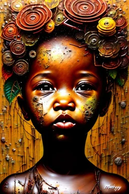 an abstract painting of rusted metal and flowers, african baby portrait, rust, scaffolding, iron cladding, decay, mixed media, textured, anatomically correct, beautiful perfect face, sharp focus, highly detailed