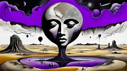 inner world with uncontrolled mind and soul, in midle a big head statue stands on little floating island over deep Sahara, around surreal cracked painted weird land with some black doors. dark purple, gray, black, white, brown. Whimsical style of Chagall , of Minjae Lee and René Magritte, lonely face with absurd beauty. broken, weird bizarre absurd nightmare, labirynth, dark vision, neuron network background, surreal vibe