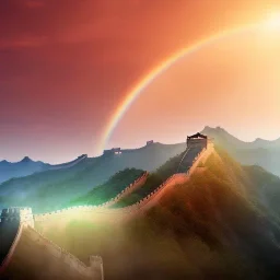 The Great Wall of China, sunset rainbow, waterfall