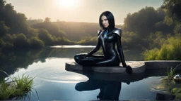 fantasy photo of a woman with black hair, sitting on a ledge over a pond, wearing an android-looking catsuit, sideways, with a planet behind her head