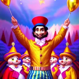 ringleader, Arthur Kulkov face shot, front, handsome, circus, male, offrecord deviantart, Yamada Akihiro artwork, Russian, lisa Frank fantasy, detailed matte painting, Golden hour, interesting detailed storybook fantasy