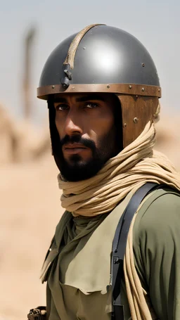 An Arab army fighter wearing an iron helmet