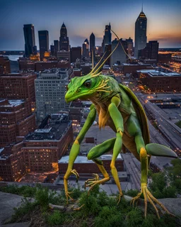a national geographic style photograph of a 700ft tall eagle mantis lizard hybrid attacking detroit