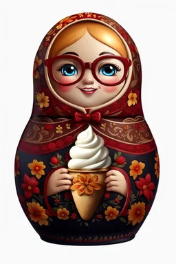 draw a Russian matryoshka doll in the style of Khokhloma, the matryoshka is smiling, the matryoshka has a icecream in her hands, a frontal angle, a picture on a white background, the matryoshka is drawn entirely, a highly detailed 3d picture