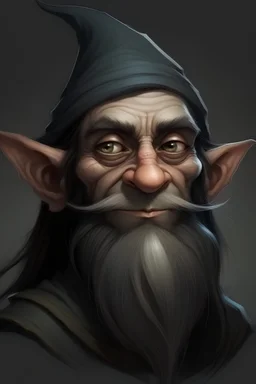 Portrait of a male gnome with long raven hair, small, intelligent eyes, small, angular face, aquiline nose,
