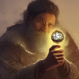 Insanely detailed landscape of an “D&D twilight cleric holding glowing D20” with intricate detailed beard,high and tight hair cut,40 years old, intricate clothing, hyperdetailed painting by Ismail Inceoglu Huang Guangjian and Dan Witz CGSociety ZBrush Central fantasy art album cover art,8K, hdr, mysterious, flickeringlights ,Stoic